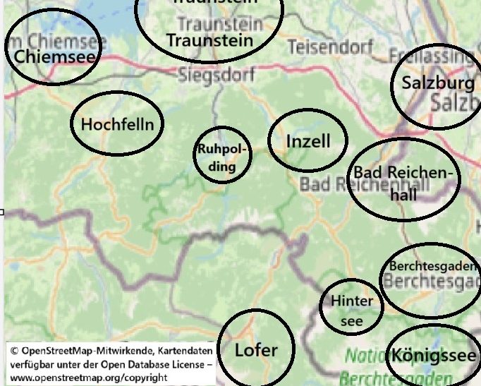 Übersichtskarte über die Regionen um Inzell herum